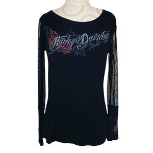 Harley Davidson Black Long Sheer Sleeve  New Braunfels TX Red Rose Medium Large